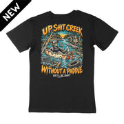 Up Shit Creek Without a Paddle BADDAD black graphic t-shirt back print
