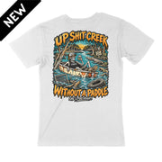 Up Shit Creek Without a Paddle BADDAD white graphic t-shirt back print