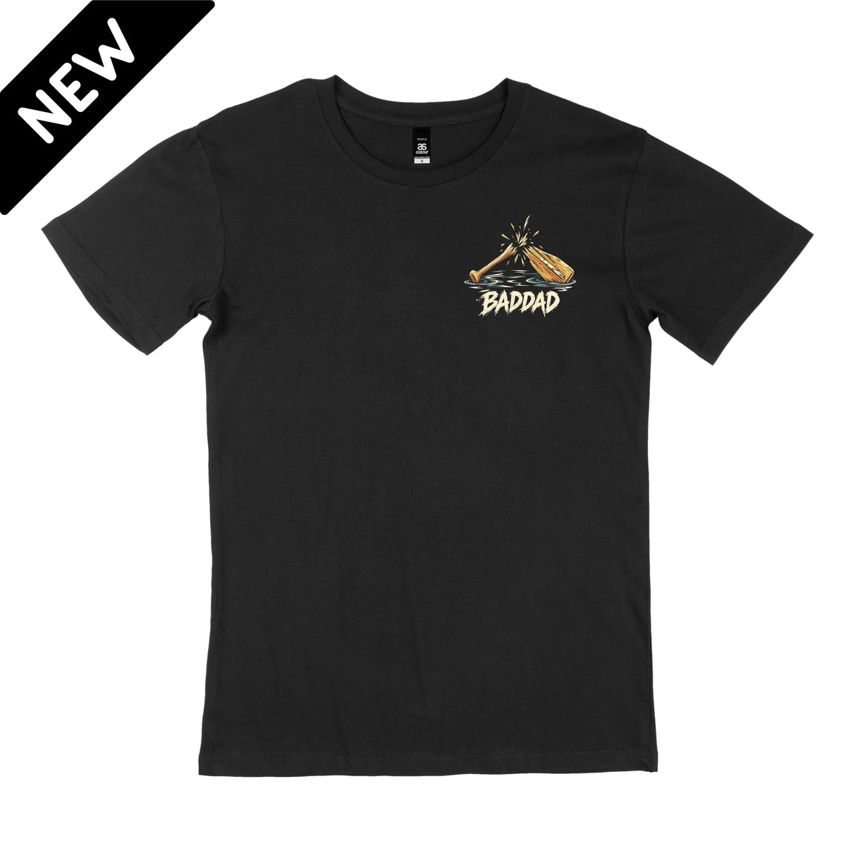 Up Shit Creek Without a Paddle BADDAD black graphic t-shirt front print