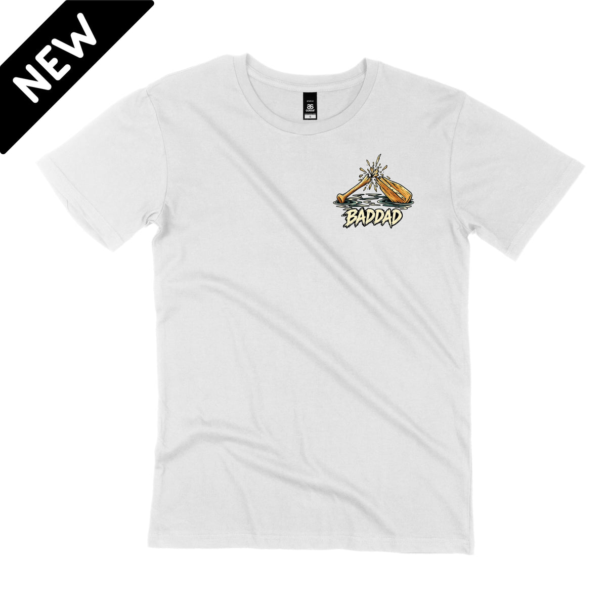 Up Shit Creek Without a Paddle BADDAD white graphic t-shirt front print