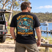 Australian man wearing BADDAD Up Shit Creek graphic t-shirt
